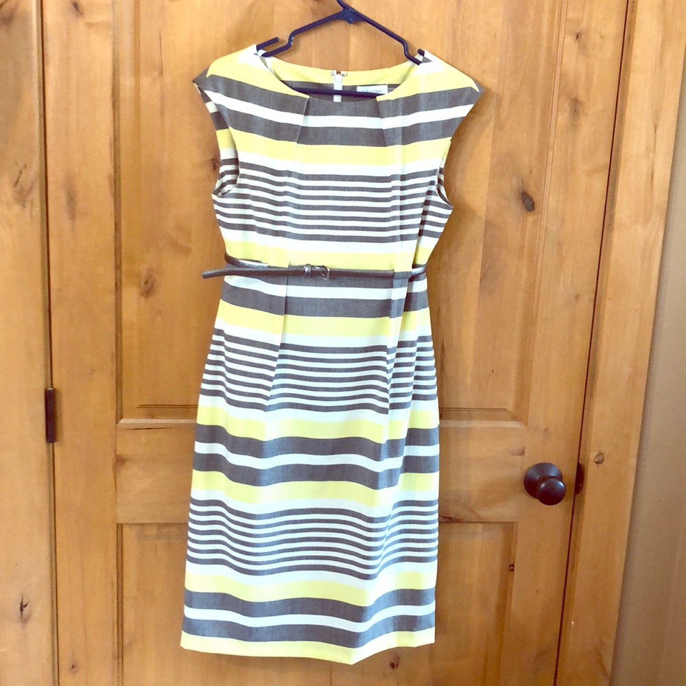 Calvin Klein yellow striped dress w/belt